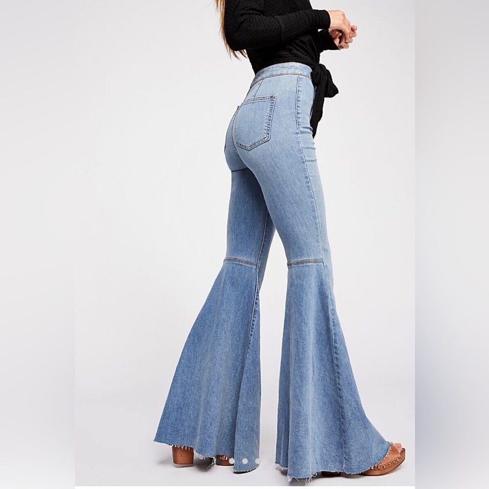 Free People Blue Flare Wide Leg Jeans with Raw Hem